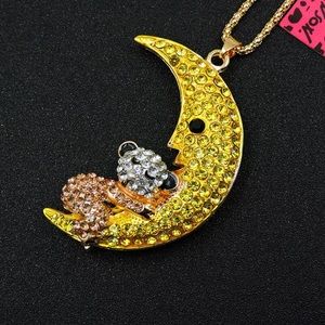 Crystal studded bear on the moon necklace